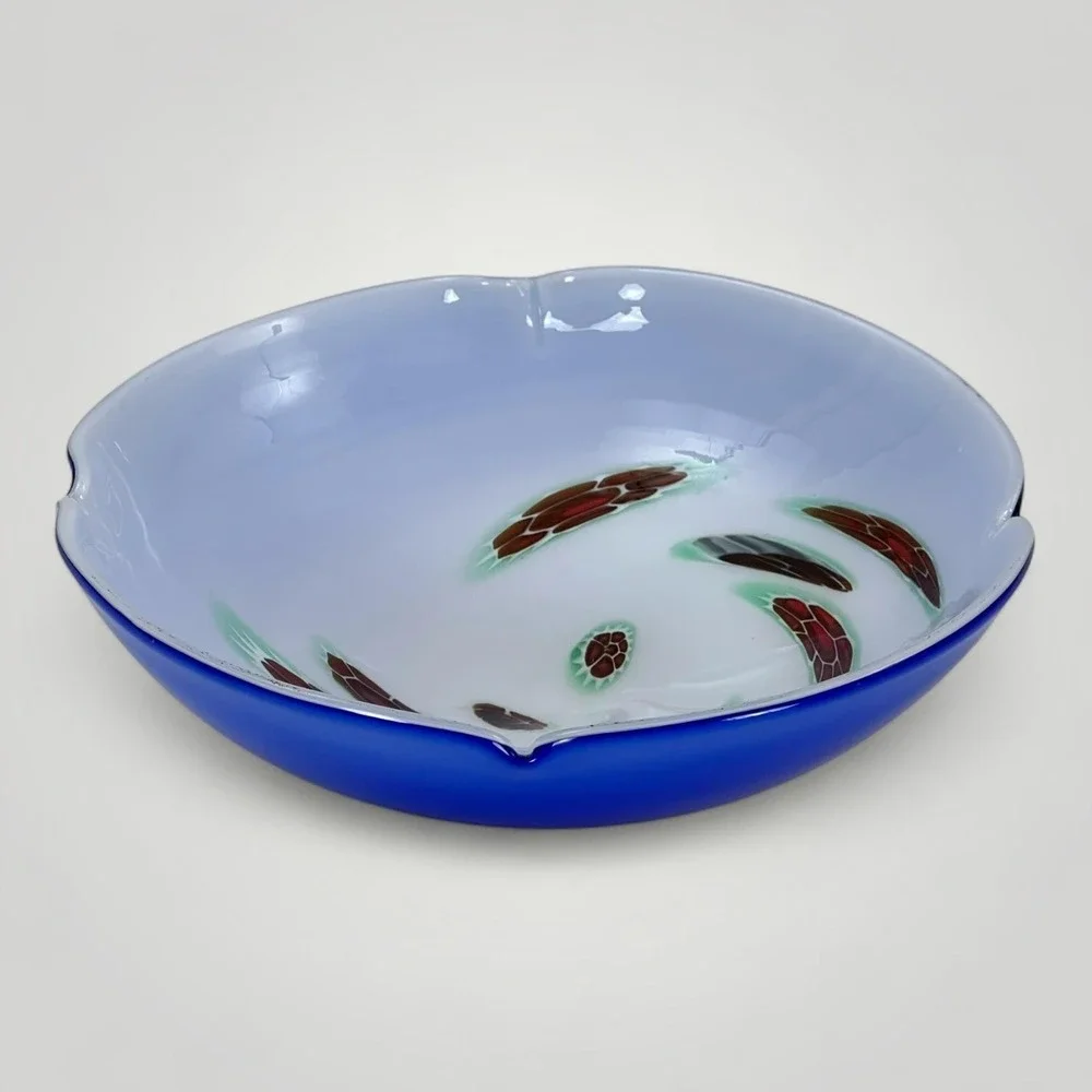 Handblown Art Glass Bowl Cobalt Blue White Interior Murrine 8.5 in Scalloped Rim
